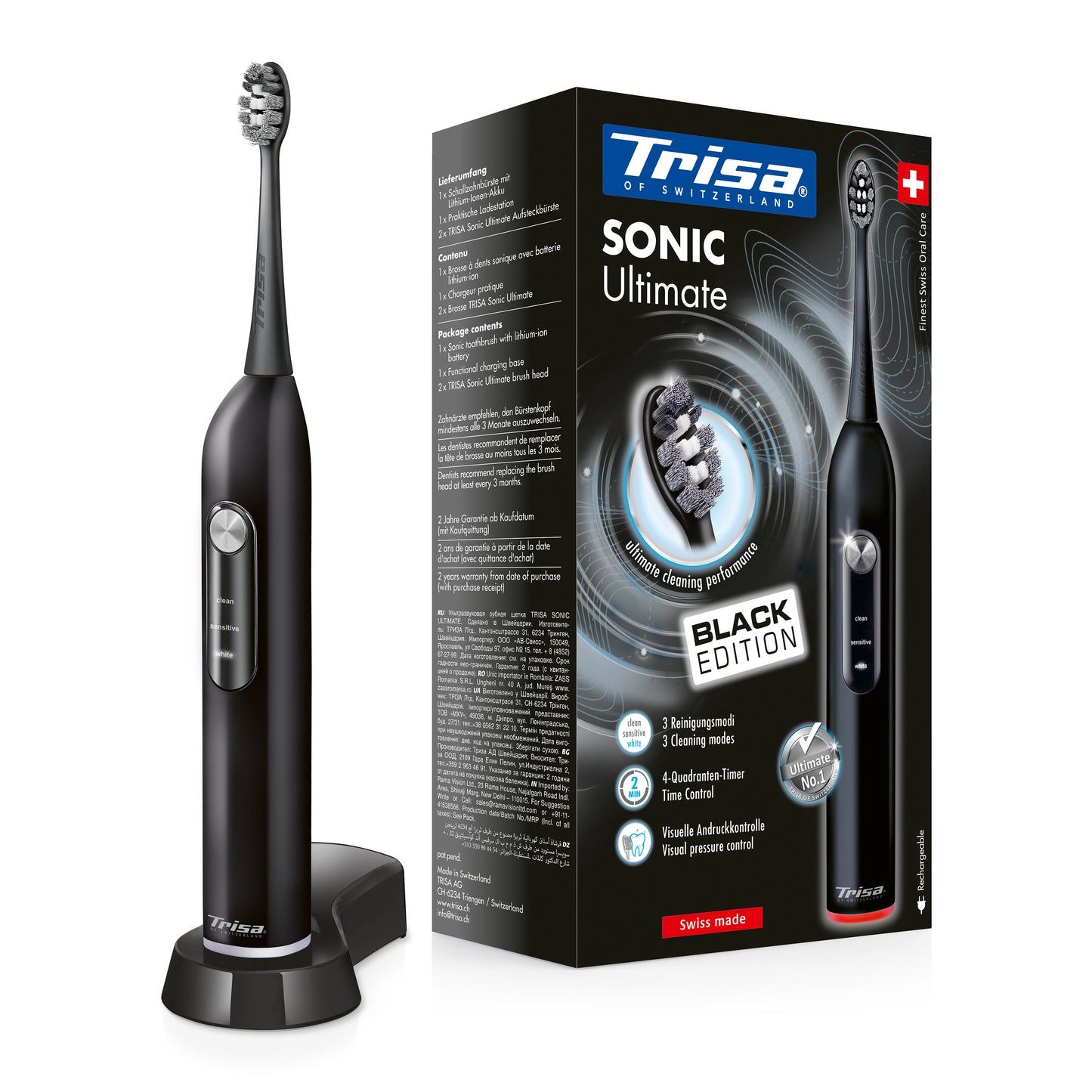 TRISA Sonic Ultimate Black Edition elektriskā zobu birste with 3 cleaning modes and visual pressure control