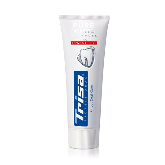 Šveicē ražota TRISA Pure White Swiss Herbs zobu pasta tube with herbal whitening formula and fluoride protection