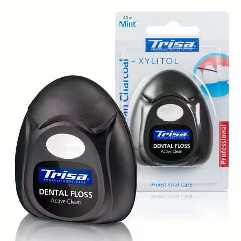 TRISA Active Clean ogles Dental zobu diegs 40 m with activated ogles and mint flavour