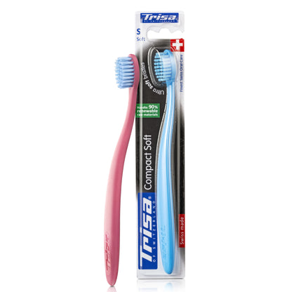 TRISA Compact Soft zobu birste rokturis izgatavota no 90 percent renewable resources for sustainable oral care