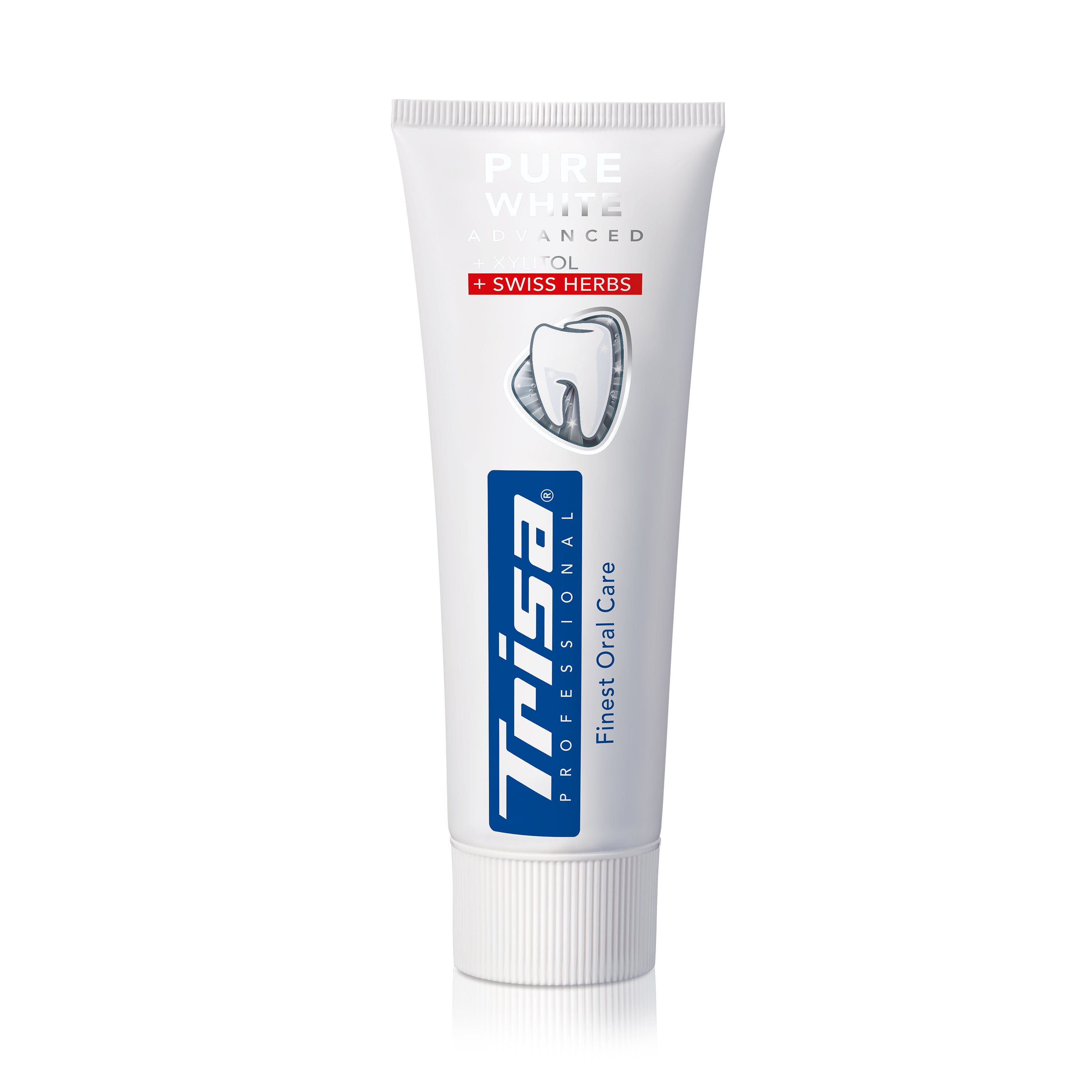 Šveicē ražota TRISA Pure White Swiss Herbs zobu pasta tube with herbal whitening formula and fluoride protection