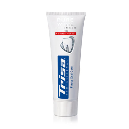 Šveicē ražota TRISA Pure White Swiss Herbs zobu pasta tube with herbal whitening formula and fluoride protection