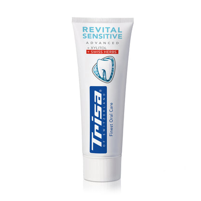 TRISA Revital Sensitive Swiss Herbs zobu pasta tube with herbal fluoride formula for sensitive teeth