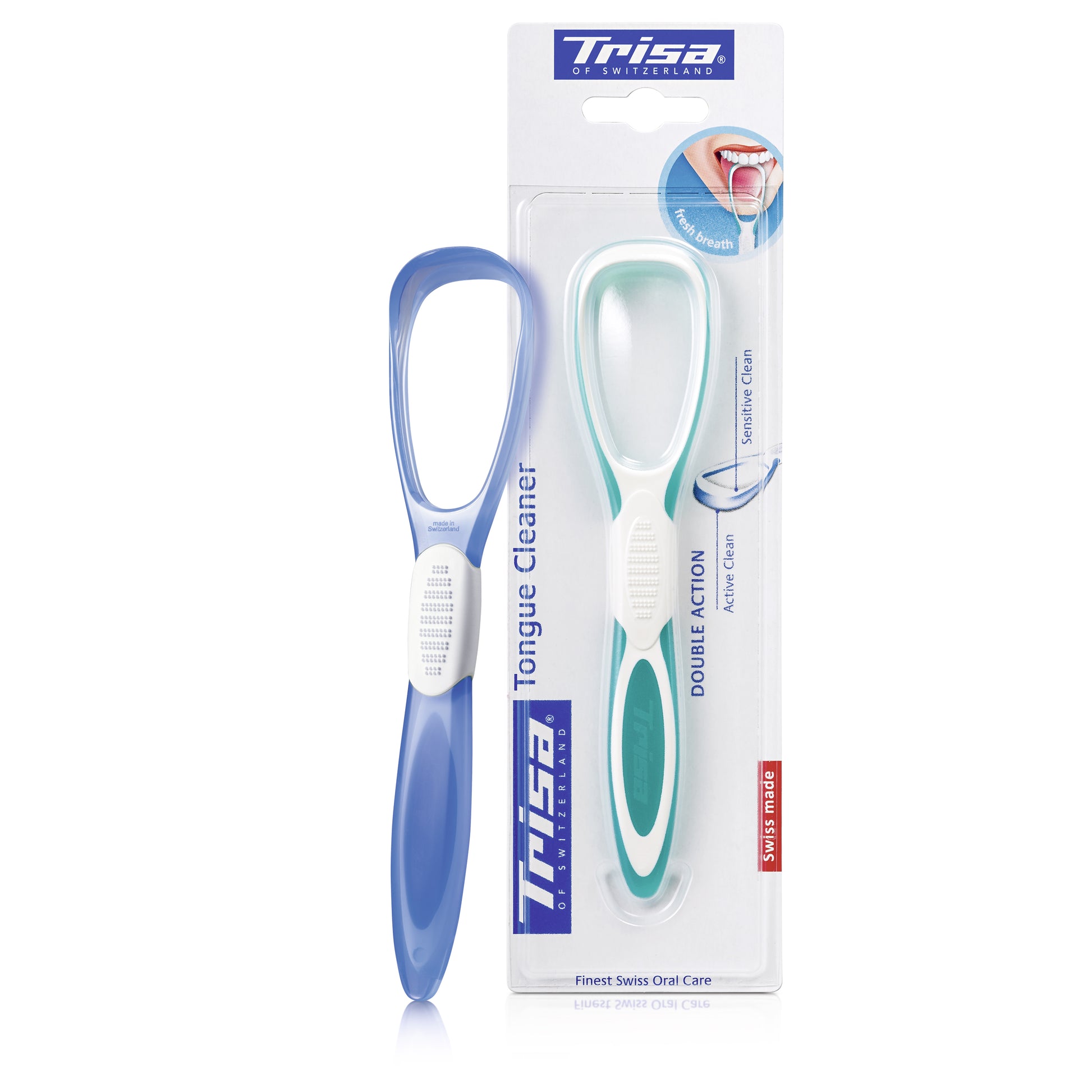TRISA Double Action mēles tīrītājs – product in iepakojumā with the cleaner shown alongside for a clear view of the design